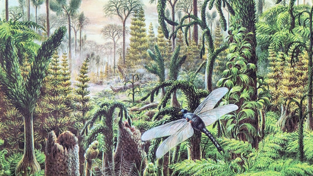 painting of lush prehistoric landscape with closeup of dragonfly