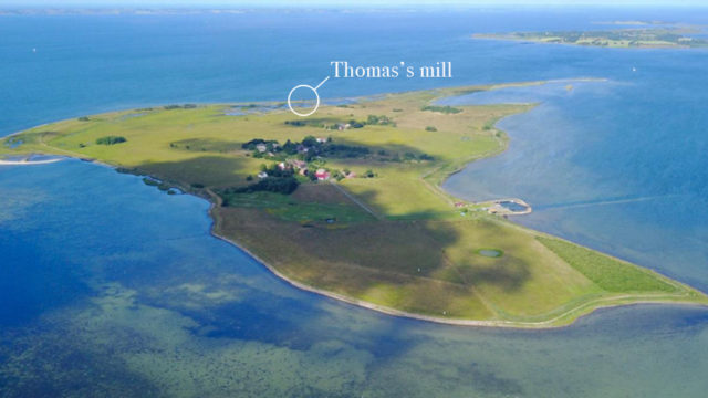 Aerial view of Hjortø island in Denmark with Thomas's mill circled