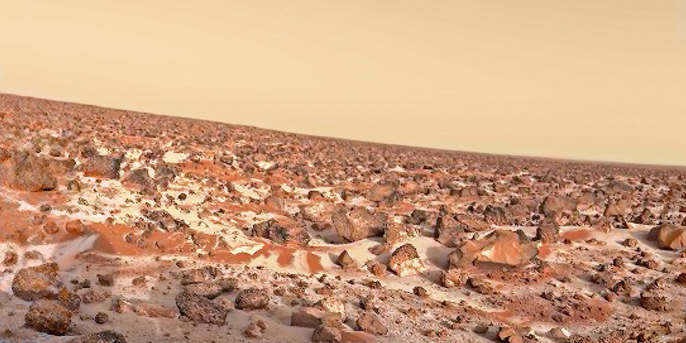Plain of rocks and the horizon on the Martian surface